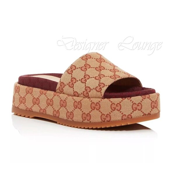 NEW GUCCI Angelina GG Beige Monogram Platform Slide Sandals Size EU 41.5 US 11.5 - Picture 2 of 15